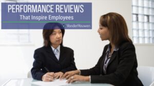 This is a blog banner that reads "Performance Reviews That Inspire Employees"