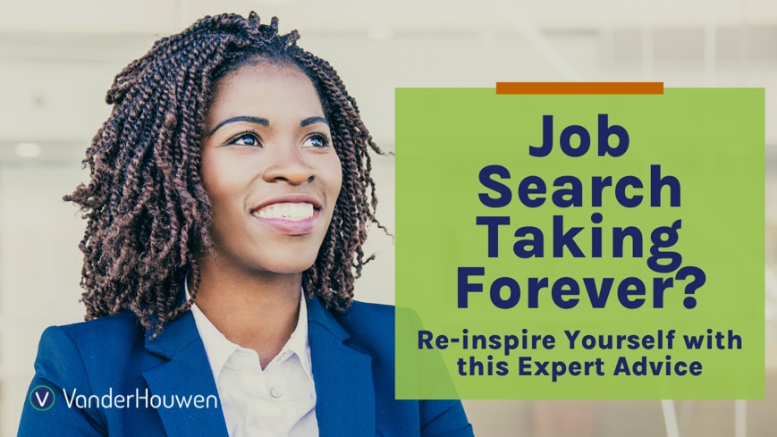 This is a blog banner that reads "Job Search Taking Forever? Re-inspire Yourself With This Expert Advice"