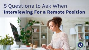 This is a blog banner that reads "5 Questions To Ask When Interviewing For a Remote Position