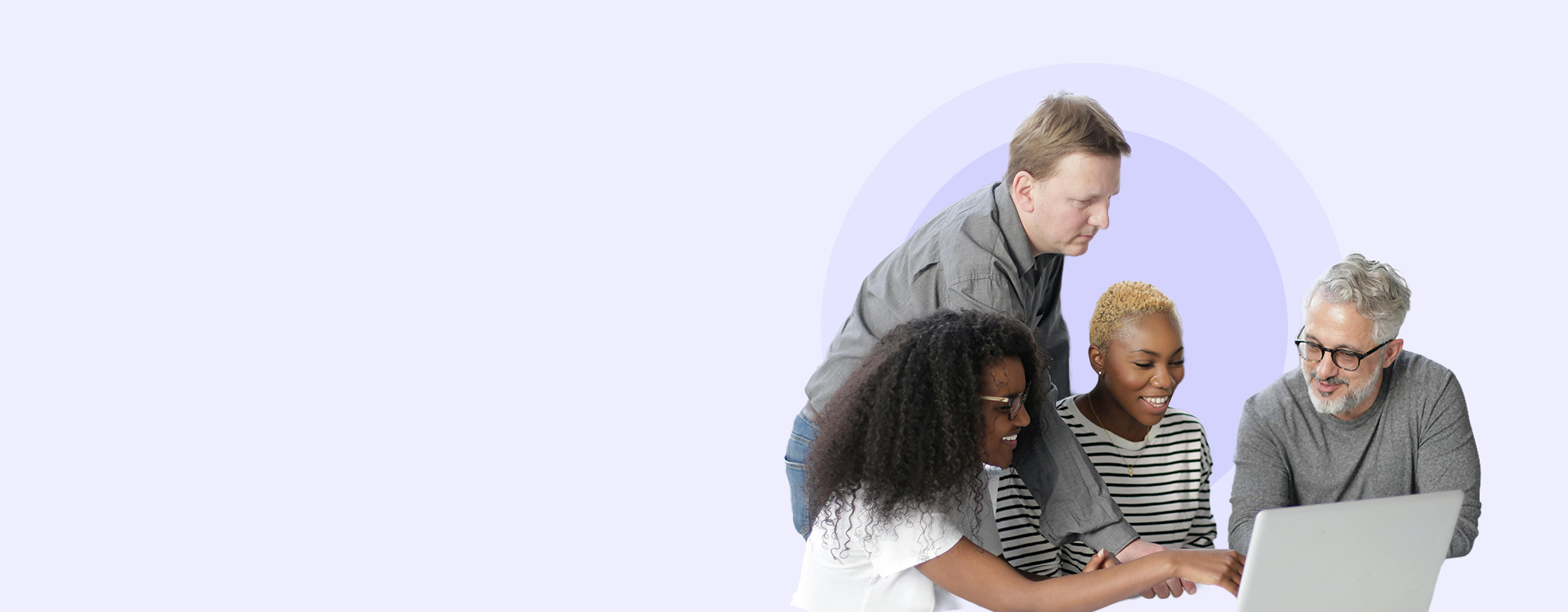 VanderHouwen banner featuring a diverse team collaborating around a laptop, promoting expert hiring support across Technology, Engineering, Accounting and Finance, HR, and Business Operations.