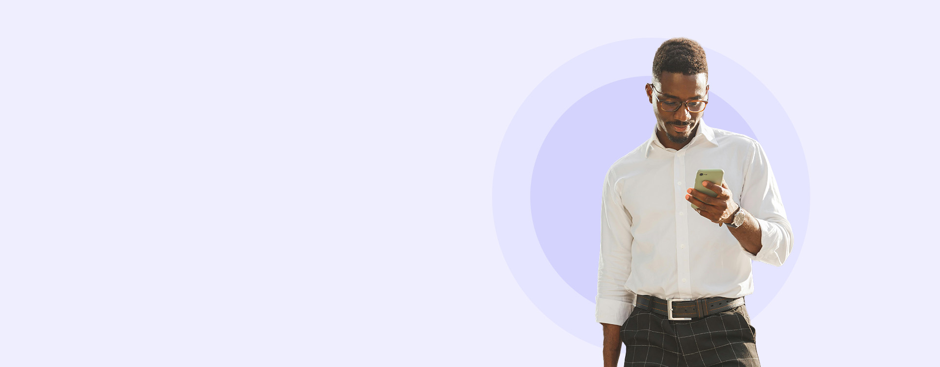 VanderHouwen banner featuring a professional looking at his phone, promoting trusted recruiting support for job seekers across Technology, Engineering, Accounting and Finance, HR, and Business Operations.